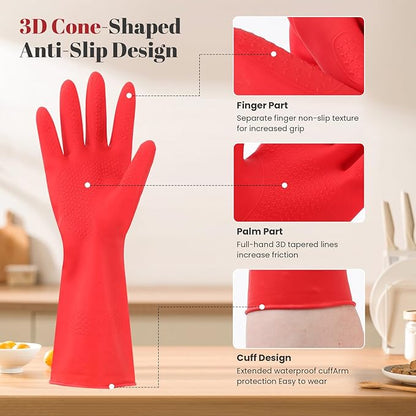 Rubber Cleaning Gloves for Dishwashing - 4 Pairs Kitchen Gloves for Washing Dishes, Reusable Household Gloves for Bathroom, Gardening (Small, Beige)