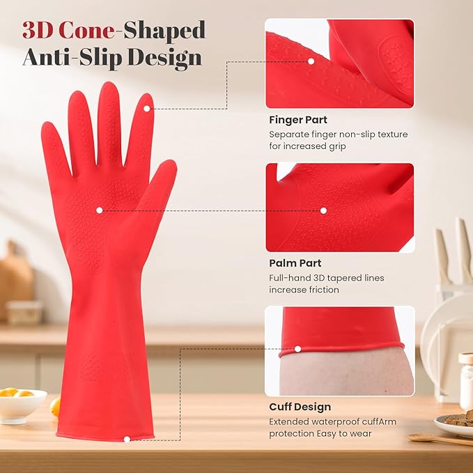 Rubber Cleaning Gloves for Dishwashing - 6 Pairs Kitchen Gloves for Washing Dishes, Reusable Household Gloves for Bathroom, Gardening (Medium, Red & Yellow, 3 Pairs of Each Color)