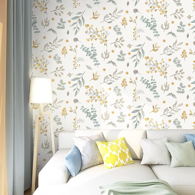 Timeet Floral Wallpaper Peel and Stick Self Adhesive Wallpaper Green/Yellow/Beige Removable Wall Paper Decor 15.4in x 118.11in