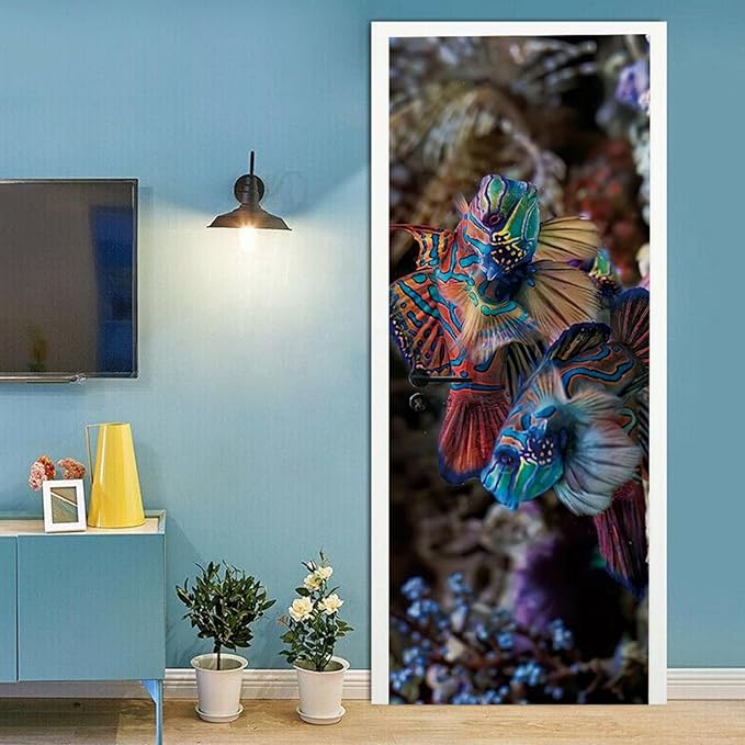 A.Monamour 3D Door Stickers for Interior Doors Mandarinfish Fish Nautical Vinyl Waterproof Self Adhesive Door Mural Decals for Bedroom Office Bathroom 77x200cm