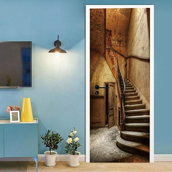 3D Door Wallpaper Self-Adhesive Sticker - Old Stairs Film Poster Premium PVC Waterproof Wall for Bedroom Living Room Decoration 77 x 200 cm