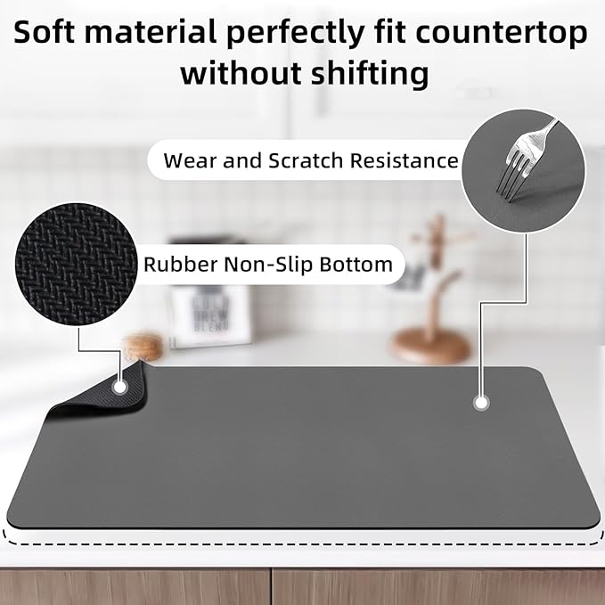LOPNUR Kitchen Dish Drying Mat, 31.5"x17" Extra Large Dish Drying Mats for Kitchen Counter, Diatomite Coffee Mat, Super Absorbent Dish Drying Pad, Heat Resistant Mat with Anti-slip Rubber Backed, Grey