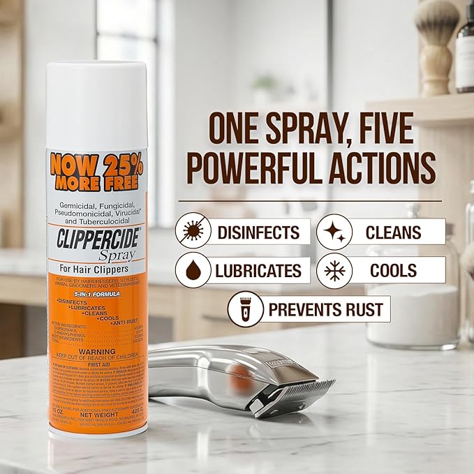 CLIPPERCIDE 5-in-1 Clipper Disinfectant Spray 15oz, 2 Pack | Cleans, Lubricates, Cools, Prevents Rust & Disinfects | Professional Clipper Spray for Barbers, Stylists & Pet Groomers | Made by BARBICIDE