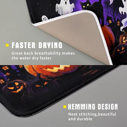 Halloween Ghost Pumpkin Dish Drying Mat for Kitchen Counter 16x18 Black Cat Holiday Scary Theme Absorbent Reversible Microfiber Drying Mats Kitchen Countertop Protector Dishes Drainer Pad