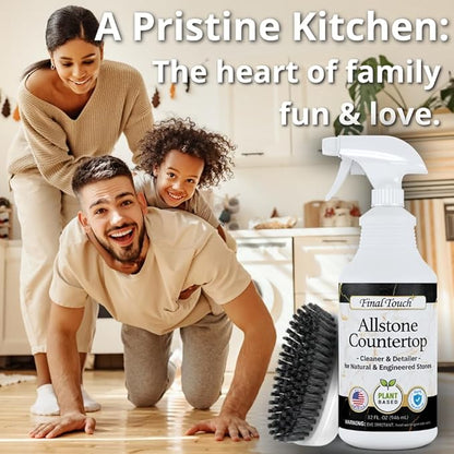 Final Touch AllStone Countertop Cleaner – Plant-Based Stone Safe Cleaning Spray with Scrub Brush – Daily Use Cleaner for Granite, Quartz, Marble, Kitchen Counters – Streak-Free Detail Clean
