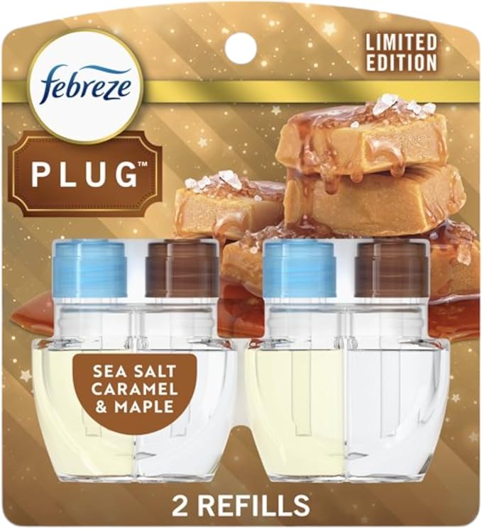 Febrezee Plug In Refills New Edition Plug In for Odor-Fighting Fade Defy PLUG Air Freshener, (2) Count of 0.87 fl oz Refills (Sea Salt Caramel & Maple)