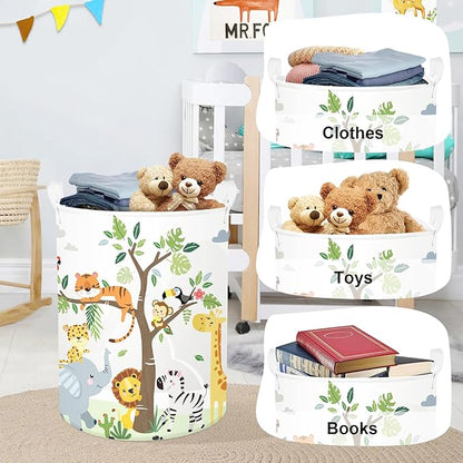 Forest Animals Laundry Hamper Woodland Tree Large Storage Basket Parents Organizer Kids Clothes Toy Bins for Bedroom, Bathroom, Giraffe, 63L