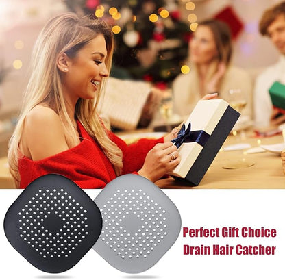 Hair Drain Catcher,Square Drain Cover for Shower Silicone Hair Stopper with Suction Cup,Easy to Install Suit for Bathroom,Bathtub,Kitchen 2 Pack (Sliver Grey Black)