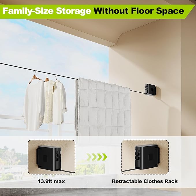 13.9 ft TPU Retractable Clothesline for Indoor & Outdoor – Heavy‑Duty Windproof Wall‑Mounted Drying Line with Separate Hanging Holes for Faster Drying, Ideal for Home, Balcony & Garden