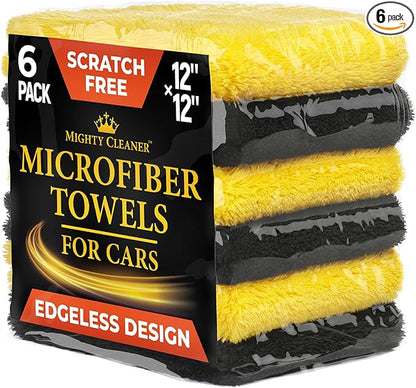 Super Soft Microfiber Towels for Cars - Edgeless - 6pk (12”x12”) - Premium Scratch-Free Towel - Great for Drying, Detailing, Polishing, Buffing - Ultra Absorbent Microfiber Cleaning Cloths for Car