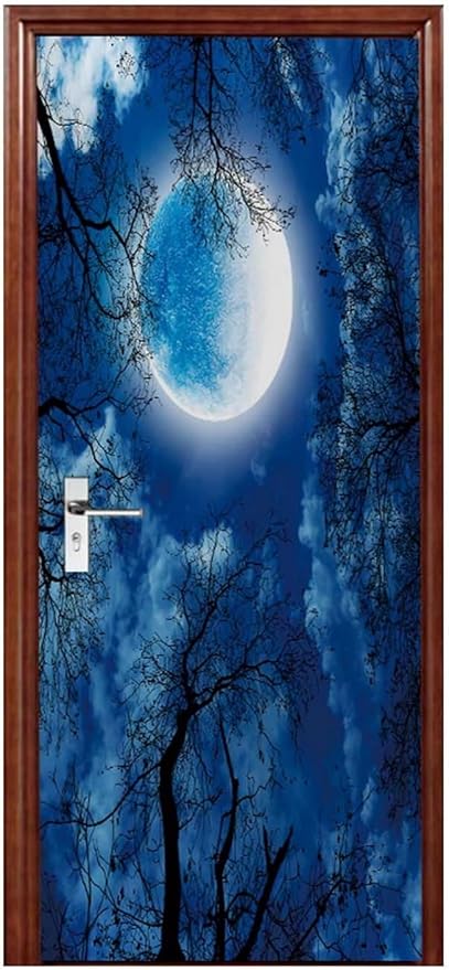 A.Monamour 3D Door Stickers for Interior Doors Silhouette of Dry Tree Against Night Blue Sky and Bright Full Moon Vinyl Waterproof Self Adhesive Door Mural Decals for Bedroom Office Bathroom 77x200cm