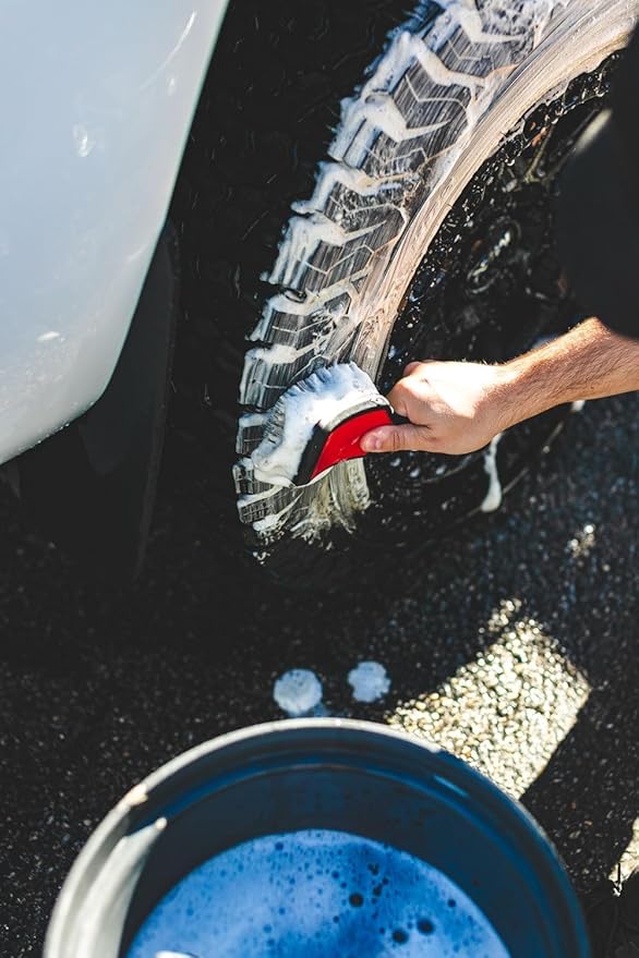 Detail Factory - ProGrip XL Tire Brush - Ergonomic ProGrip Handle, Stiff Synthetic Bristles, Ergonomic Design, Efficient Tire Brushes for Cleaning Tires - Solar Flare
