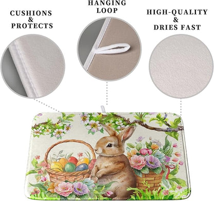 Happy Easter Bunny Kitchen Dish Drying Mat for Dishes 18x24 Inch Spring Colorful Floral Flower Basket Drying Mats Easter Eggs Dish Drainer Mat Super Absorbent Dish Rack Pad for Coffee Bar Sinks