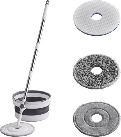 Spin Mop and Bucket Set ，2 Replaceable Microfiber Mop Pads，1 Magic Sponge Eraser pad for Deep-Cleaning Mops for Floors (Mop Set, 10" Mop-Head)