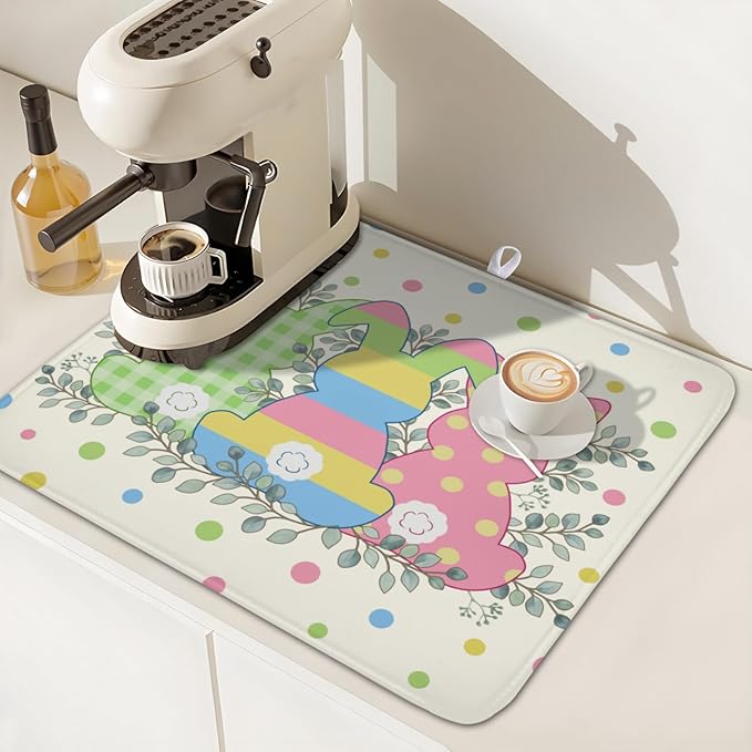 Easter Bunny Dish Drying Mat for Kitchen Counter Cute Rabbit Colorful Polka Dots Pattern Drying Mat 16x18 Inch Spring Holiday Absorbent Dish Drainer Mat Kitchen Accessories