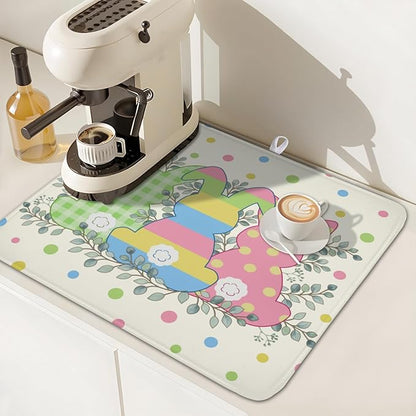 Easter Bunny Dish Drying Mat for Kitchen Counter Cute Rabbit Colorful Polka Dots Pattern Drying Mat 16x18 Inch Spring Holiday Absorbent Dish Drainer Mat Kitchen Accessories