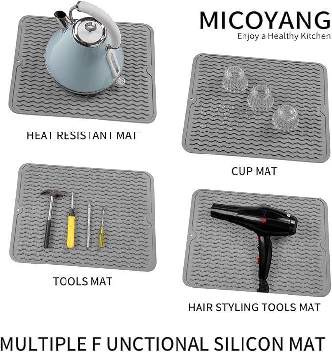 MicoYang Silicone Dish Drying Mat for Kitchen Counter or Sink, Refrigerator or Drawer Liner, Easy Clean, Eco-Friendly, Heat-Resistant, Grey, 16 inches x 12 inches