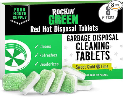 Rockin' Green Deep Cleaning and Deodorizing Tablets for Dishwashers, Washing Machines, and Garbage Disposals, Removes Odor and Residue (Garbage Disposal Cleaning Tablets, 8 Pack)