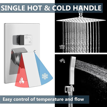 Aolemi Ceiling Mount Shower System Rain Shower Head with Handheld Spray High Pressure Shower Faucet Set Rough-in Valve Shower Trim Kit Included Bathroom Polish Chrome 12 Inch Ceiling Shower Head