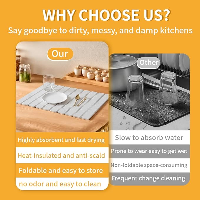 Stone Dish Drying Mat for Kitchen Counter, 24''×16'' Quick Dry Stone Dish Matt Collapsible Water Absorbing Diatomaceous Earth Drying Organizer Mat for Dishes Bottles Cups, Any Countertop(White Marble)