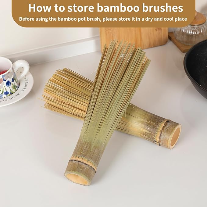 Bamboo Pot Brush,Traditional Natural Bamboo Wok Brush,Kitchen Cleaning Brush, Suitable for Cleaning Cast Iron Pots, Pans, Sinks, Trays, Basins, Barbecue Grills and Bathtubs, 2 Packs (Large)