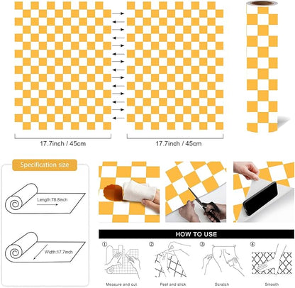 Modern Peel and Stick Wallpaper Orange and White Mosaic Checkered Contact Paper 17.7"x78.8" Self Adhesive Lattice Wallpaper Removable Decorative Wallpapers for Bedroom Countertops Cabinet Vinyl Roll