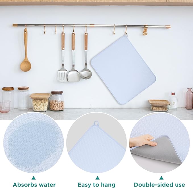 GeeRic 12 * 16 inch Microfiber Dish Drying Mat, Superb Absorbent Kitchen Dish Drying Pad, Reversible Drainboard for Countertop, Blue