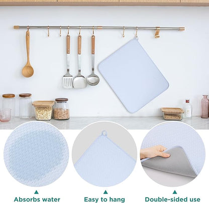 GeeRic 12 * 16 inch Microfiber Dish Drying Mat, Superb Absorbent Kitchen Dish Drying Pad, Reversible Drainboard for Countertop, Blue