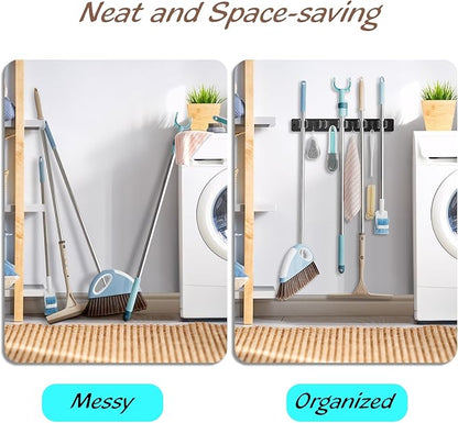 OUTNILI Mop and Broom Holder Wall Mount - Black Broom Mop Hanger - Wall Mounted Garden Tool Rack Organizer for Closet Garage Laundry Room Kitchen Decor With 5 Slots & 4 Hooks