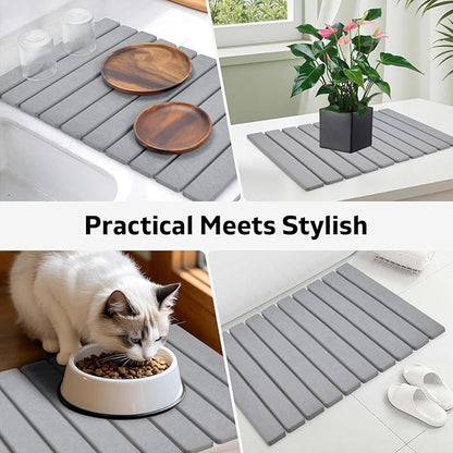 Large Stone Dish Drying Mat for Kitchen Counter, 24"×16", Collapsible Quick Dry Dish Drying Mat, Ultra Absorbent Diatomaceous Earth Mats for Dishes Bottles Cups, Match Any Countertop - Grey