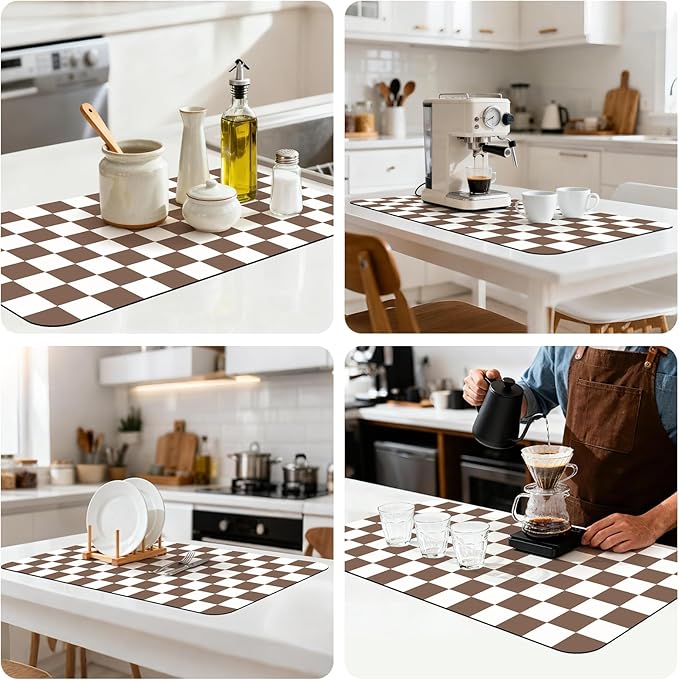 17" x 32" Checkered Dish Drying Mat for Kitchen Counter, Absorbent Coffee Bar Mat for Espresso Machine Coffee Countertops Accessories (Coffee Brown)