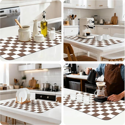 17" x 32" Checkered Dish Drying Mat for Kitchen Counter, Absorbent Coffee Bar Mat for Espresso Machine Coffee Countertops Accessories (Coffee Brown)