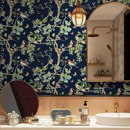 Nukofal Dark Bird Peel and Stick Wallpaper Vintage Floral Contact Paper 16.9inch x 393.7inch Dark Floral Wallpaper Peel and Stick Boho Self Adhesive Removable Wall Paper for Cabinets Bathroom Decor