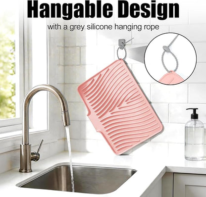 TIKNIK Silicone Dish Drying Mat, Stone Drying Mat for Kitchen Counter with Built-In Drain, Non-Slip Drain Pad with Built-in Drain, Heat Resistant Stone Drying Mat, Hangable, Pink-1pcs, 16" x 12"
