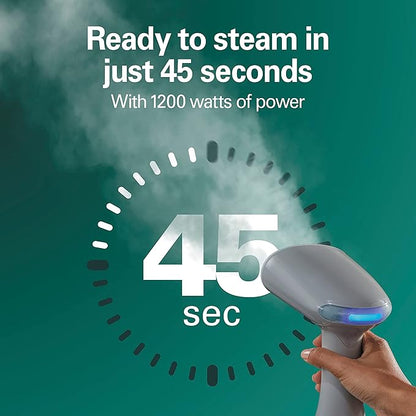 Hamilton Beach Handheld Garment Steamer for Clothes, Fabric and Drapes,1200 Watts, 400ml Water Tank, 20 Minutes of Continuous Steam, Vacation Essentials, Gray & Blue (11557)