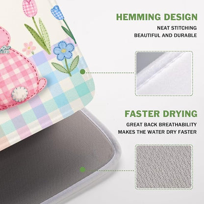 Easter Bunny Dish Drying Mat for Kitchen Counter 16 x 18 Inch Rabbit Eggs Dish Drainer Mat Absorbent Microfiber Dish Rack Pad for Spring Holiday Coffee Dining Bar Decor