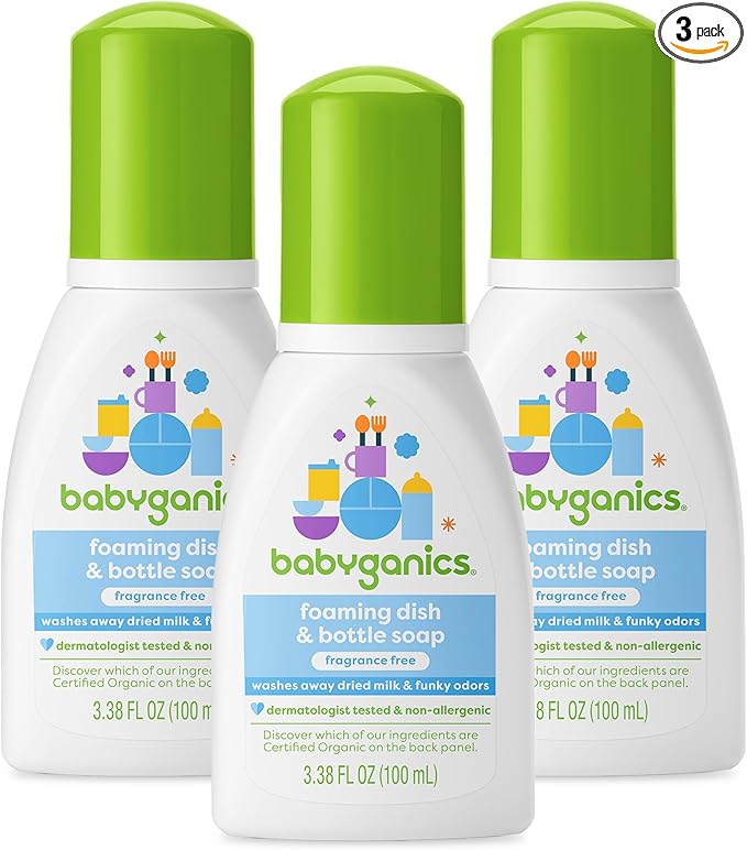 Babyganics Foaming Dish & Bottle Soap for Travel, Fragrance Free, Removes Dried Milk, Packaging May Vary, 3.38 Fl Oz (Pack of 3)