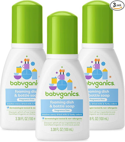 Babyganics Foaming Dish & Bottle Soap for Travel, Fragrance Free, Removes Dried Milk, Packaging May Vary, 3.38 Fl Oz (Pack of 3)