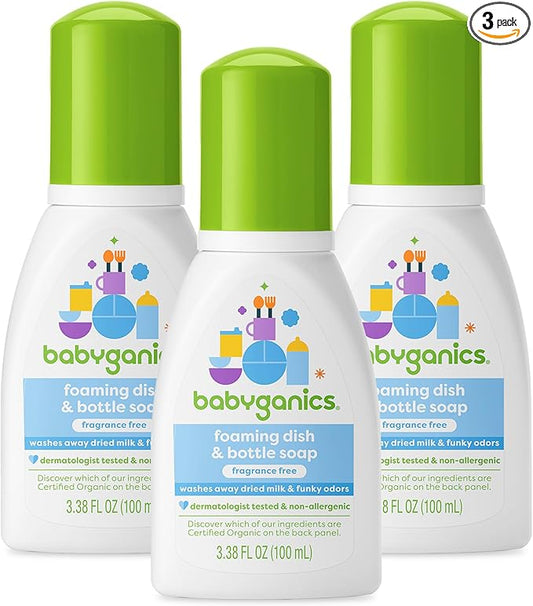 Babyganics Foaming Dish & Bottle Soap for Travel, Fragrance Free, Removes Dried Milk, Packaging May Vary, 3.38 Fl Oz (Pack of 3)