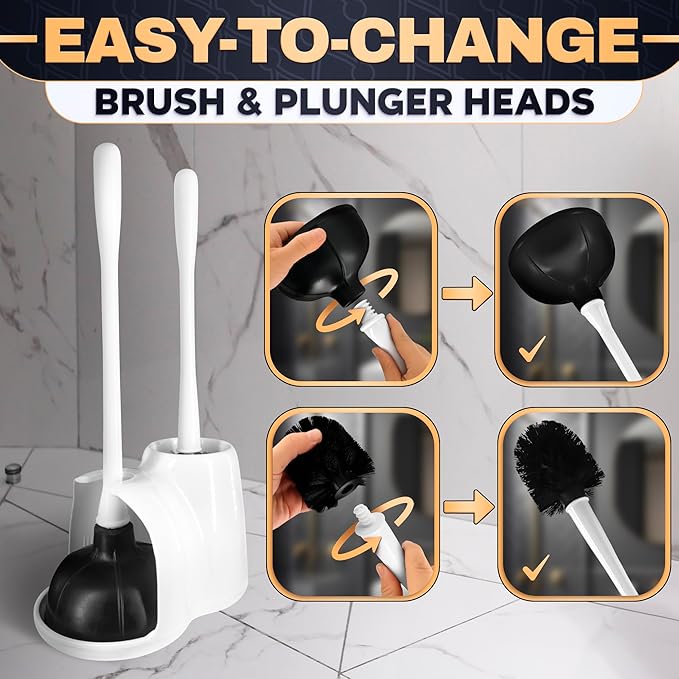 2 in 1 Toilet Plunger and Brush Set White - Toilet Brush and Plunger Set White with Stiff Bristles, Strong Vacuum Suction and Holder - Space-Saving Stand, Fits Most Standard Toilets, 9.3×6.3×15.2 inch