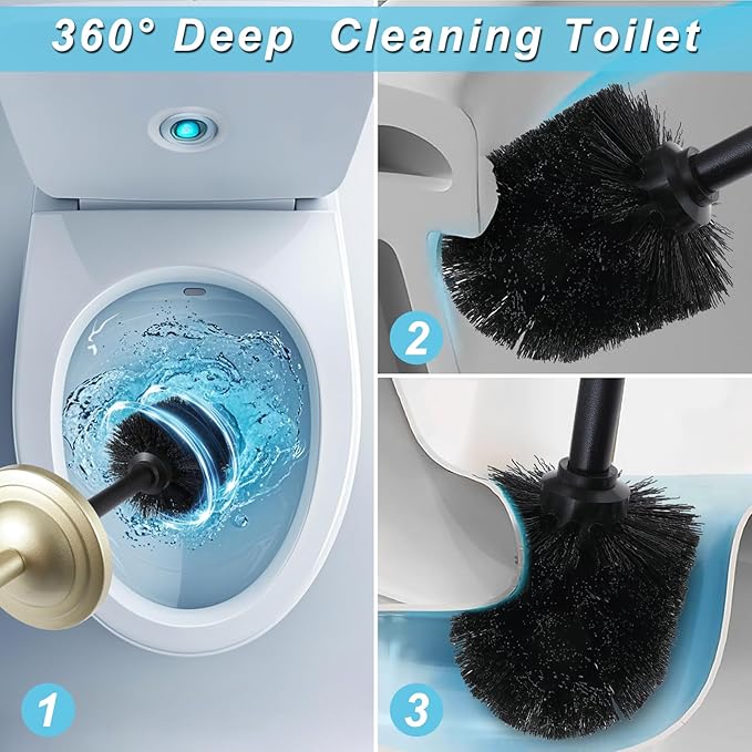 Gold Toilet Brush and Holder Set,304 Stainless Steel Toilet Bowl Brush and Holder for Bathroom,Heavy Duty Toilet Brush,Durable Scrubbing Bristles,Splash Resistant,Long Handle