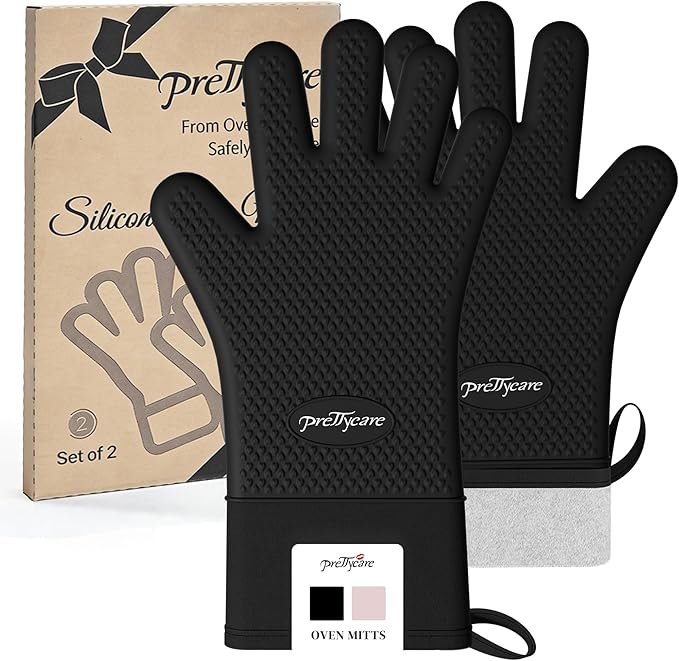 PrettyCare Extra Long 14in Silicone Oven Mitts, 2 Pcs Heat Resistant Waterproof Oven Gloves with Fingers, Non-Slip Cotton Lined Mitt for Baking, Grilling, Air Fryer & Kitchen Essentials, Gift for Men