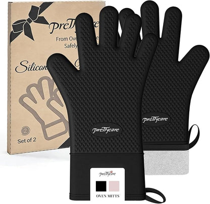 PrettyCare Extra Long 14in Silicone Oven Mitts, 2 Pcs Heat Resistant Waterproof Oven Gloves with Fingers, Non-Slip Cotton Lined Mitt for Baking, Grilling, Air Fryer & Kitchen Essentials, Gift for Men