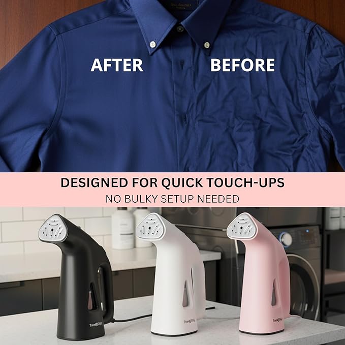 True & Tidy Compact Handheld Garment Steamer for Clothes, Travel Steamer with Stainless Steel Nozzle, 800 watts, Pink
