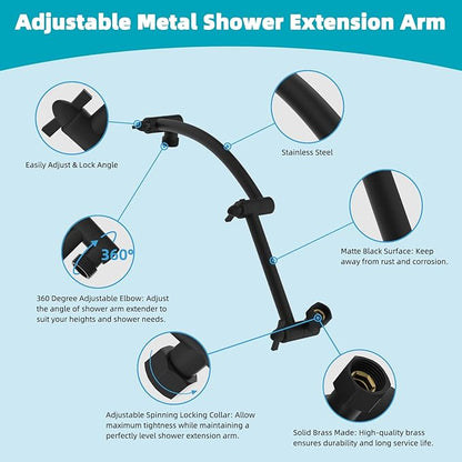 Hibbent Rain Filtered Shower Head, 13'' High Pressure Rainfall 5 Modes Showerhead with 16" Shower Head Extension Arm, Solid Brass Adjustable Shower Arm Extender, 20 Stage Shower Filter, Matte Black