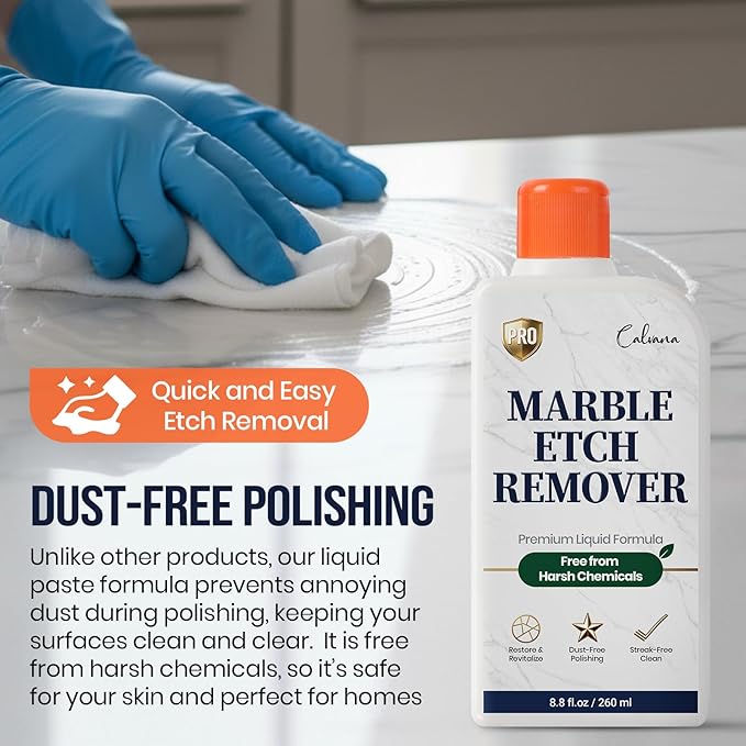 Calvana Professional Marble Etch Remover 8.8 fl. oz, Effective on Limestone, Travertine, Alabaster & Onyx, Removes Stains, Dull Spots, Water Rings & Light Scratches, Dust-Free Polishing