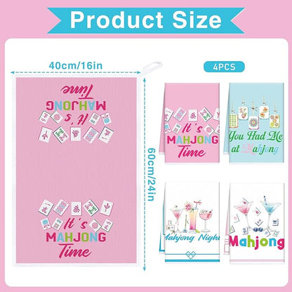 Mahjong Kitchen Towels Set of 4, Cocktail Dish Towels Gifts for Cooking Cleaning, Funny Decorative Hand Tea Towels for Mahjong Lover Gifts Bathroom Decor