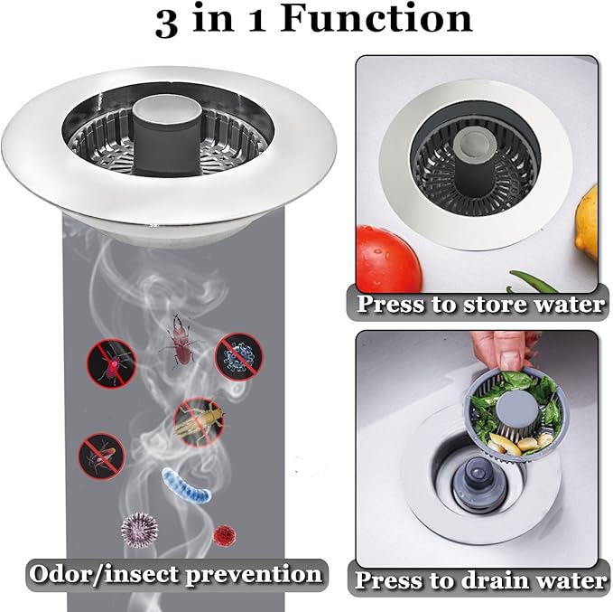 BAOLSLS 3 in 1 Kitchen Sink Stopper, Pop Up Kitchen Sink Drain Strainer, with an Extra Basket Strainer, Kitchen Sink Drain Stopper for US Standard 3-1/2 Inch, Brass Material Electroplate Silver