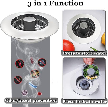 BAOLSLS 3 in 1 Kitchen Sink Stopper, Pop Up Kitchen Sink Drain Strainer, with an Extra Basket Strainer, Kitchen Sink Drain Stopper for US Standard 3-1/2 Inch, Brass Material Electroplate Silver