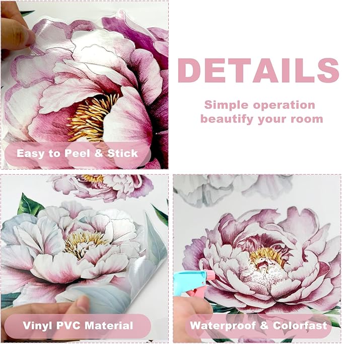 Peony Flower Wall Decal Pink Flower Plant Wall Stickers Natural Theme Peel and Stick Decor Suitable for Living Room Bedroom (Peony Flower)
